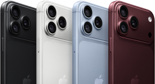 iPhone 18 Pro-enheter i rad, sedda bakifrån, alla fyra färger: bourgogne, glaciär, silver, svart, Fusion-proffskamerasystem i övre vänstra hörnet, tre objektiv, mikrofon, blixt