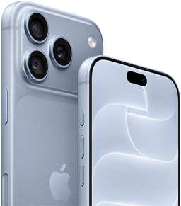 >iPhone 18 Pro, i färgen glaciär, sedd framifrån och bakifrån för att visa Ceramic Shield och trippelkamerasystemet