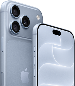 >iPhone 18 Pro, i färgen glaciär, sedd framifrån och bakifrån för att visa Ceramic Shield och trippelkamerasystemet