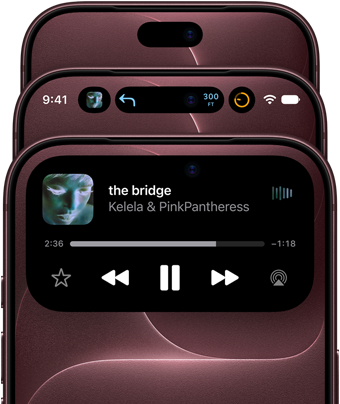 Tre iPhone 18 Pro-enheter i färgen bourgogne i solfjäderformation. Enheterna visar olika lägen för Dynamic Island: av, minimerad, maximerad