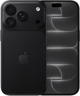 iPhone 18 Pro, baksida, svart färg, Fusion-proffskamerasystem högst upp, Apple-logotyp i mitten, framsida, heltäckande skärm
