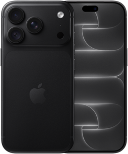 iPhone 18 Pro, baksida, svart färg, Fusion-proffskamerasystem högst upp, Apple-logotyp i mitten, framsida, heltäckande skärm