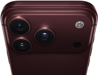 iPhone 18 Pro Max i färgen bourgogne (mörkröd), baksida, Fusion-proffskamerasystem högst upp, tre objektiv, variabel bländare med lamellerna delvis stängda, blixt, mikrofon och LiDAR-teknik, ovansida, antenn för mobil uppkoppling, platta sidor, rundade hörn